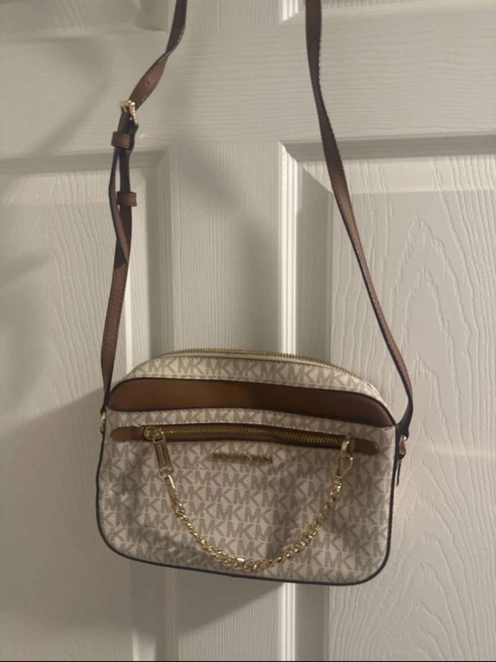 Michael Kors Cream & Brown Logo Crossbody with Gold Chain